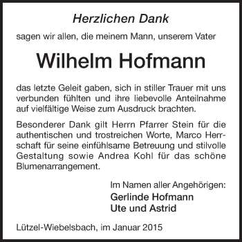 Traueranzeige von Wilhelm Hofmann von Odenwälder Echo