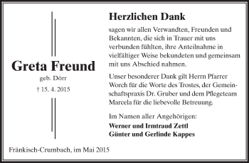 Traueranzeige von Greta Freund von Odenwälder Echo