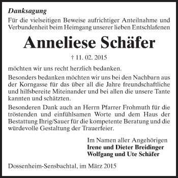 Traueranzeige von Anneliese Schäfer von Odenwälder Echo