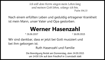 Traueranzeige von Werner Hasenzahl von trauer.echo-online.de