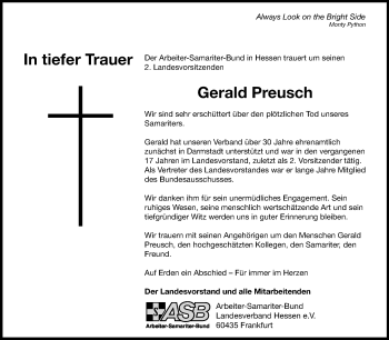 Traueranzeige von Gerald Preusch von Echo-Zeitungen (Gesamtausgabe)