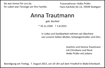 Traueranzeige von Anna Trautmann von trauer.echo-online.de