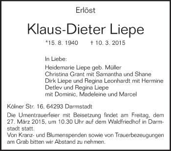 Traueranzeige von Klaus-Dieter Liepe von Echo-Zeitungen (Gesamtausgabe)