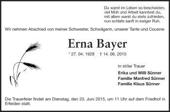 Traueranzeige von Erna Bayer von Rüsselsheimer Echo, Groß-Gerauer-Echo, Ried Echo