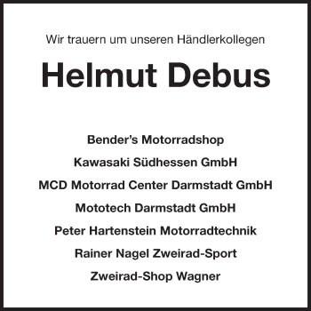 Traueranzeige von Helmut Debus von Echo-Zeitungen (Gesamtausgabe)