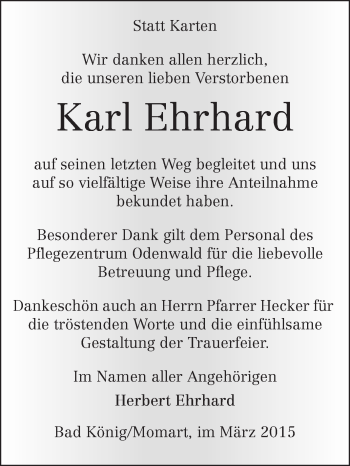 Traueranzeige von Karl Ehrhard von Odenwälder Echo