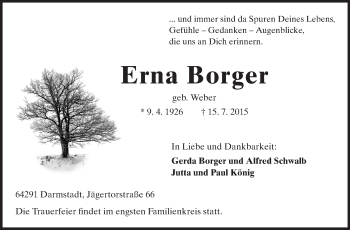 Traueranzeige von Erna Borger von Echo-Zeitungen (Gesamtausgabe)