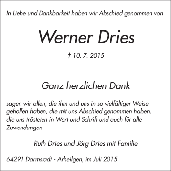 Traueranzeige von Werner Dries von Echo-Zeitungen (Gesamtausgabe)