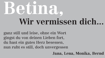 Traueranzeige von Betina  von Odenwälder Echo