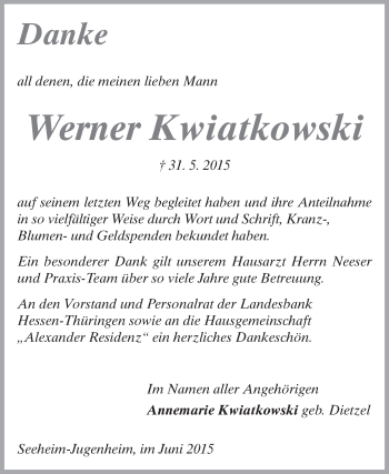 Traueranzeige von Werner Kwiatkowski von Echo-Zeitungen (Gesamtausgabe)