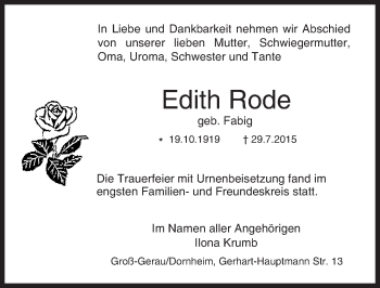 Traueranzeige von Edith Rode von trauer.echo-online.de