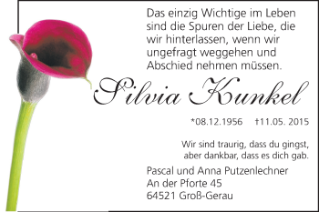 Traueranzeige von Silvia Kunkel von Rüsselsheimer Echo, Groß-Gerauer-Echo, Ried Echo