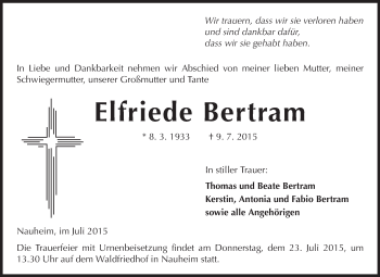 Traueranzeige von Elfriede Bertram von Rüsselsheimer Echo, Groß-Gerauer-Echo, Ried Echo