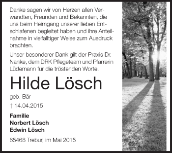 Traueranzeige von Hilde Lösch von Rüsselsheimer Echo, Groß-Gerauer-Echo, Ried Echo
