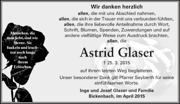 Traueranzeige von Astrid Glaser von Echo-Zeitungen (Gesamtausgabe)