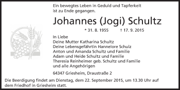 Traueranzeige von Johannes Schultz von trauer.echo-online.de