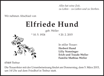 Traueranzeige von Elfriede Hund von Rüsselsheimer Echo, Groß-Gerauer-Echo, Ried Echo