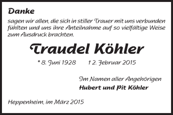 Traueranzeige von Traudel Köhler von Starkenburger Echo Traueranzeige von Traudel Köhler von Starkenburger Echo