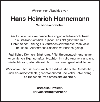 Traueranzeige von Hans Heinrich Hannemann von Rüsselsheimer Echo, Groß-Gerauer-Echo, Ried Echo