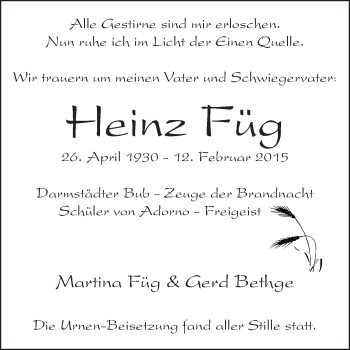 Traueranzeige von Heinz Füg von Echo-Zeitungen (Gesamtausgabe)