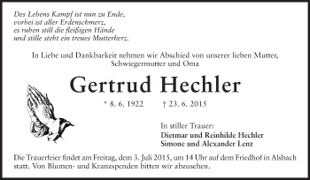 Traueranzeige von Gertrud Hechler von Echo-Zeitungen (Gesamtausgabe)
