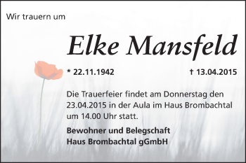 Traueranzeige von Elke Mansfeld von Odenwälder Echo
