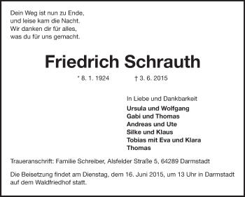 Traueranzeige von Friedrich Schrauth von Echo-Zeitungen (Gesamtausgabe)