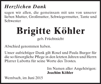 Traueranzeige von Brigitte Köhler von Echo-Zeitungen (Gesamtausgabe)