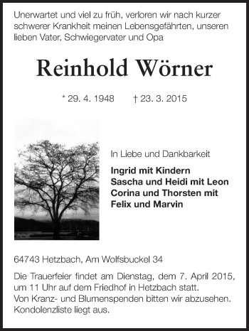 Traueranzeige von Reinhold Wörner von Odenwälder Echo