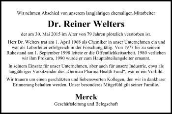 Traueranzeige von Reiner Welters von Echo-Zeitungen (Gesamtausgabe)