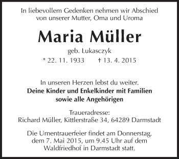 Traueranzeige von Maria Müller von Echo-Zeitungen (Gesamtausgabe)
