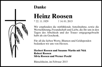 Traueranzeige von Heinz Roosen von Rüsselsheimer Echo, Groß-Gerauer-Echo, Ried Echo