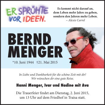 Traueranzeige von Bernd Menger von Echo-Zeitungen (Gesamtausgabe)