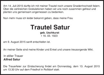 Traueranzeige von Trautel Satur von trauer.echo-online.de