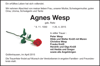 Traueranzeige von Agnes Wesp von Echo-Zeitungen (Gesamtausgabe)