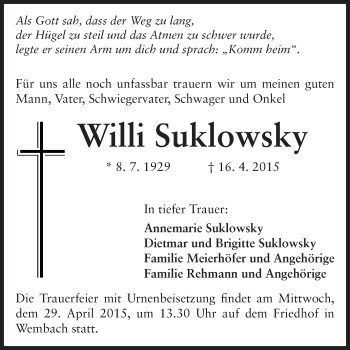 Traueranzeige von Willi Suklowsky von Echo-Zeitungen (Gesamtausgabe)