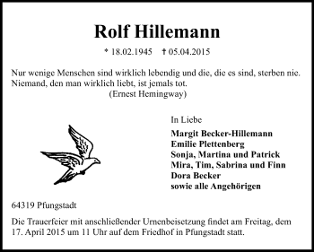 Traueranzeige von Rolf Hillemann von Echo-Zeitungen (Gesamtausgabe)