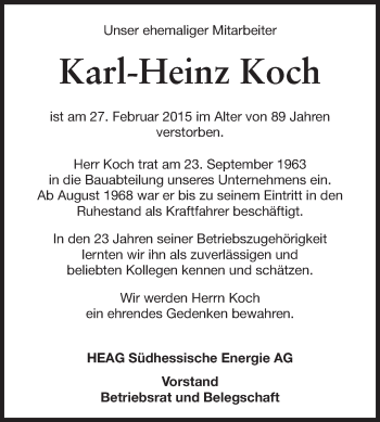 Traueranzeige von Karl-Heinz Koch von Echo-Zeitungen (Gesamtausgabe)