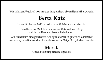 Traueranzeige von Berta Katz von Echo-Zeitungen (Gesamtausgabe)