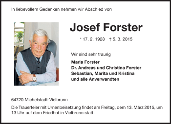 Traueranzeige von Josef Forster von Odenwälder Echo