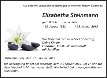 Traueranzeige von Elisabetha Steinmann von Starkenburger Echo, Bergsträßer Anzeiger