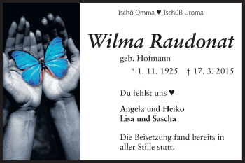 Traueranzeige von Wilma Raudonat von Odenwälder Echo