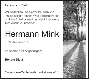 Traueranzeige von Hermann Mink von Echo-Zeitungen (Gesamtausgabe)