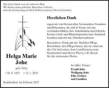 Traueranzeige von Helga Marie Johe von Odenwälder Echo