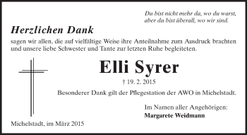 Traueranzeige von Elli Syrer von Odenwälder Echo