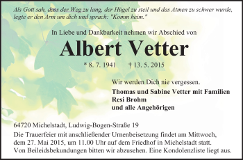 Traueranzeige von Albert Vetter von Odenwälder Echo