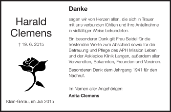 Traueranzeige von Harald Clemens von Rüsselsheimer Echo, Groß-Gerauer-Echo, Ried Echo