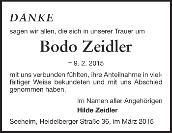 Traueranzeige von Bodo Zeidler von Echo-Zeitungen (Gesamtausgabe)