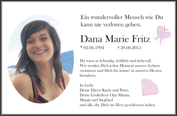 Traueranzeige von Dana Marie Fritz von Rüsselsheimer Echo, Groß-Gerauer-Echo, Ried Echo