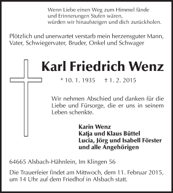 Traueranzeige von Karl Friedrich Wenz von Echo-Zeitungen (Gesamtausgabe)